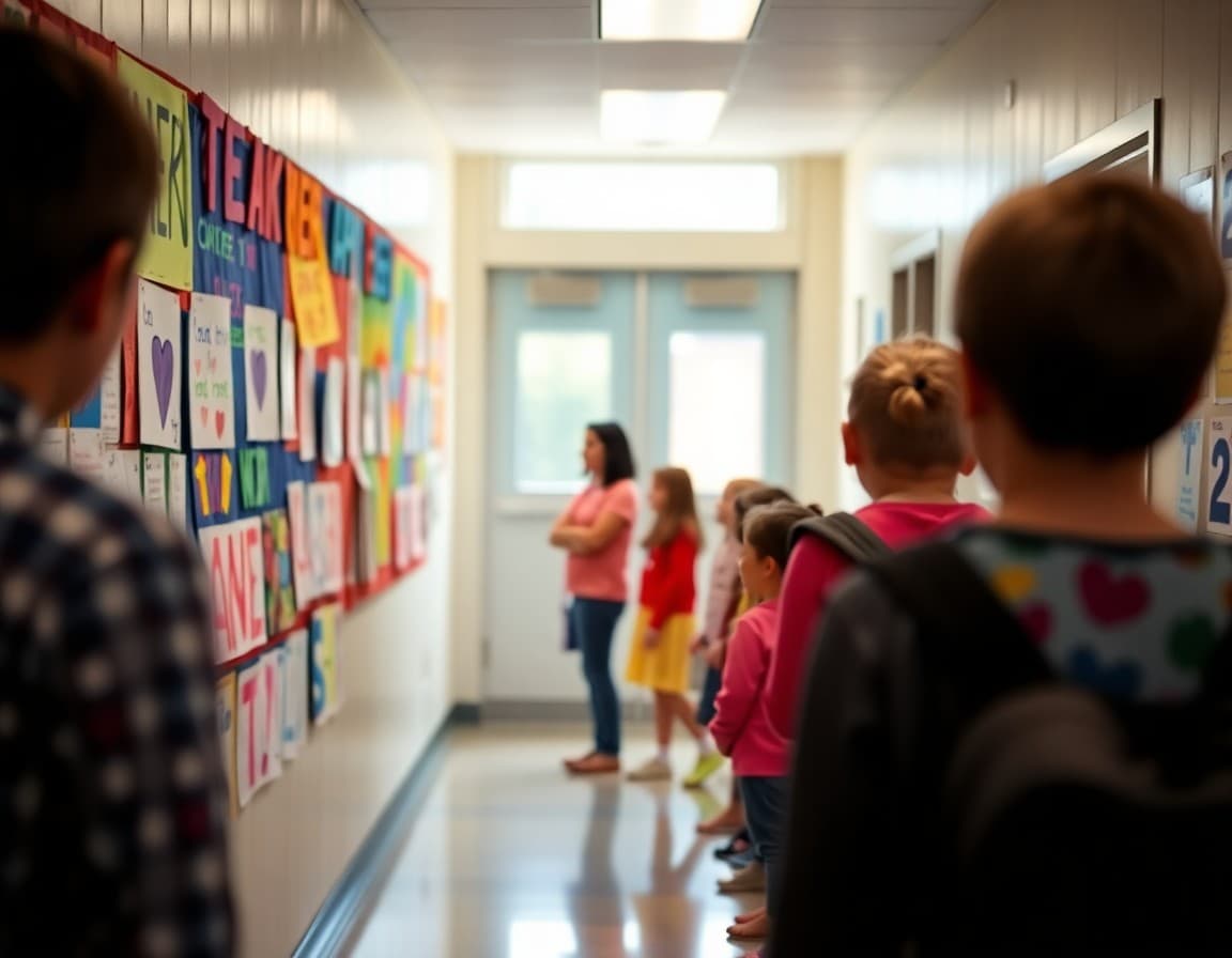 Colorful teacher appreciation display with student artwork and messages in school hallway