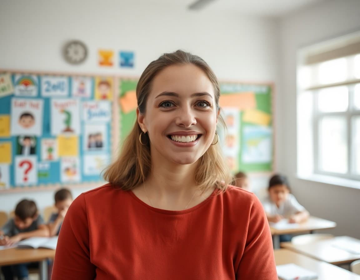 Teacher smiling in a classroom with student work displayed on the wall behind