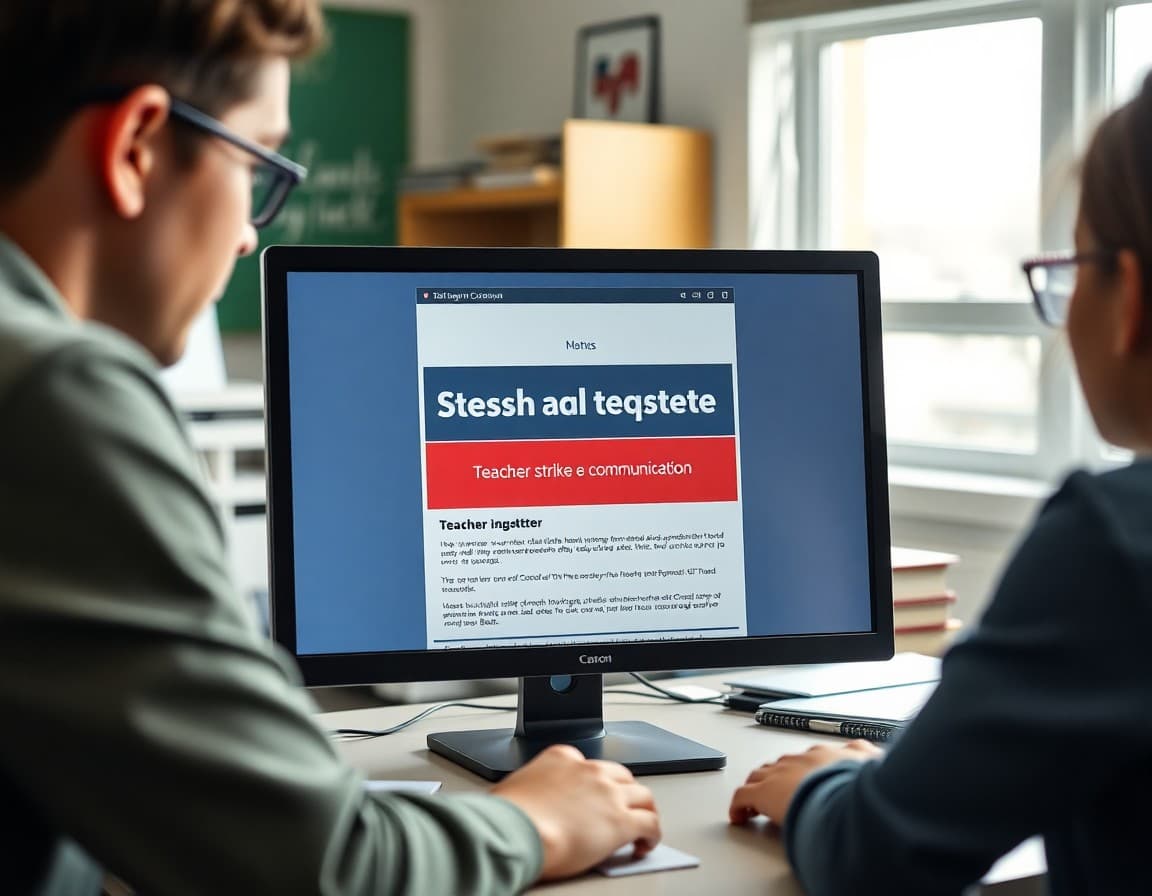 Teacher strike communication newsletter on a computer screen in a school office