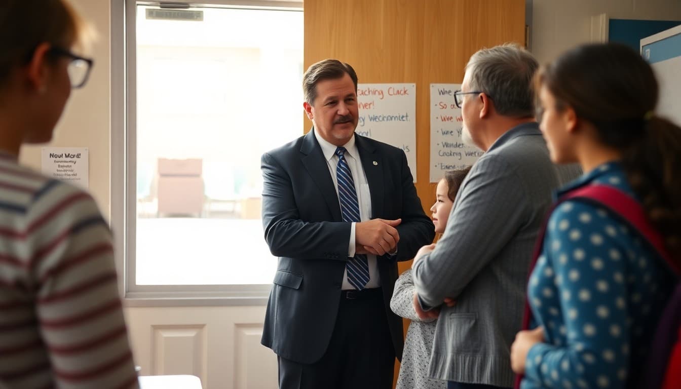 Principal speaking with families at a classroom door during a mid-year teacher transition