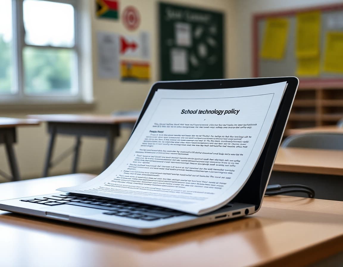 School technology policy document open on a desk next to a laptop