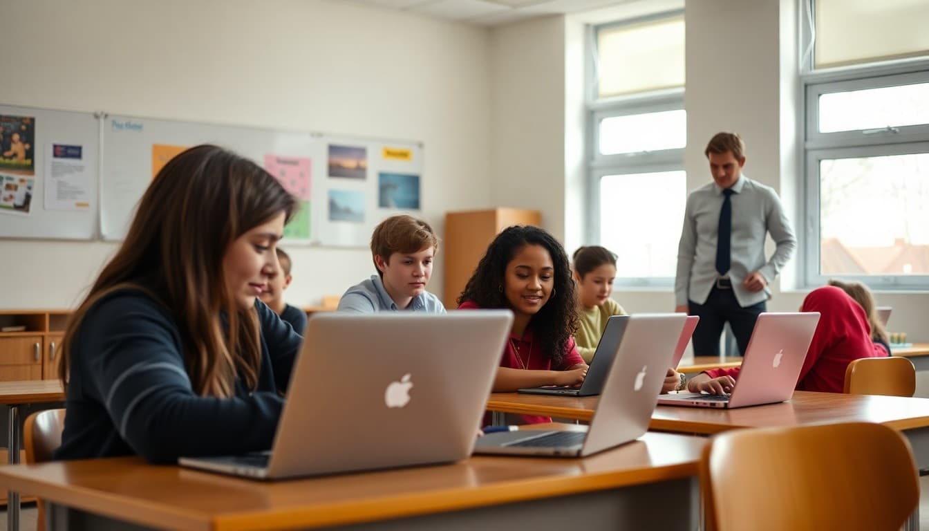 Students using laptops in a bright classroom with a teacher walking nearby