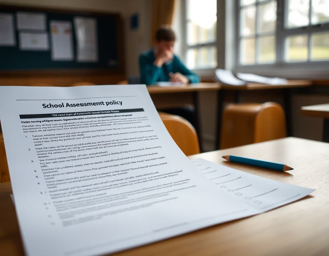 School assessment policy document displayed alongside a student test paper with corrections