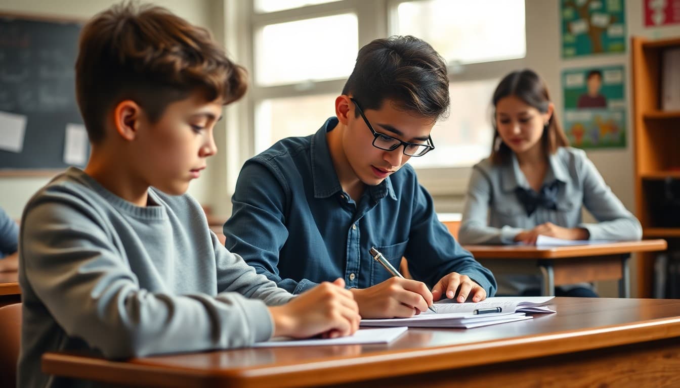 Student retaking a math test at a desk while teacher provides support in classroom
