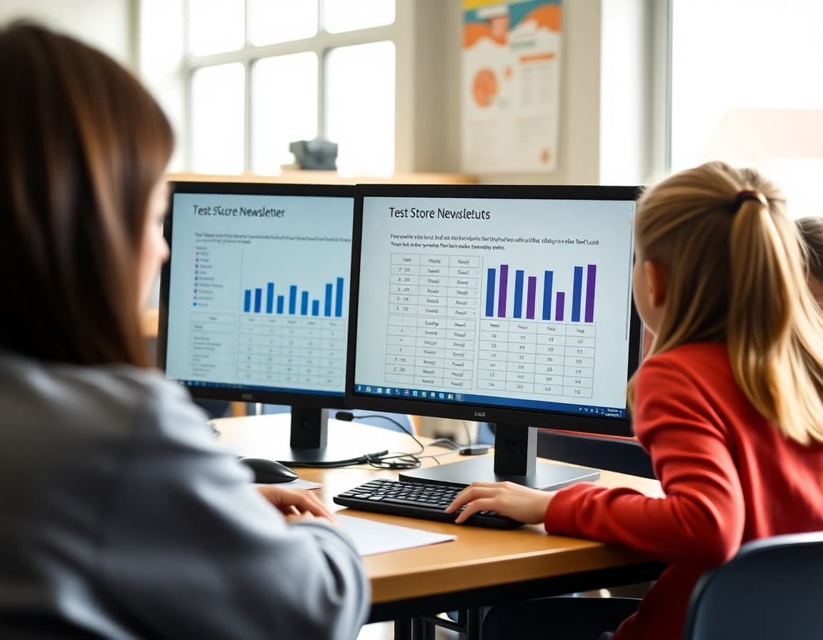 Test score results newsletter with bar charts shown on a school computer
