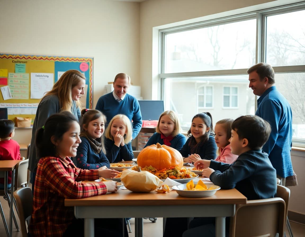 Students and teachers sharing a school Thanksgiving celebration before the holiday break