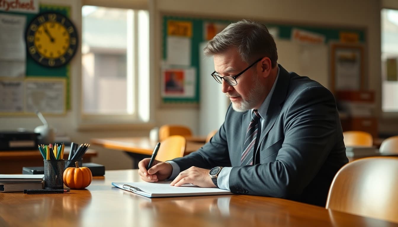 Principal writing a warm Thanksgiving message to school families at a desk