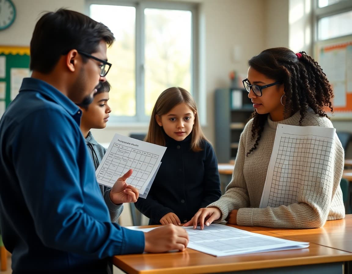 Teacher reviewing third quarter progress data with students using a tracking chart