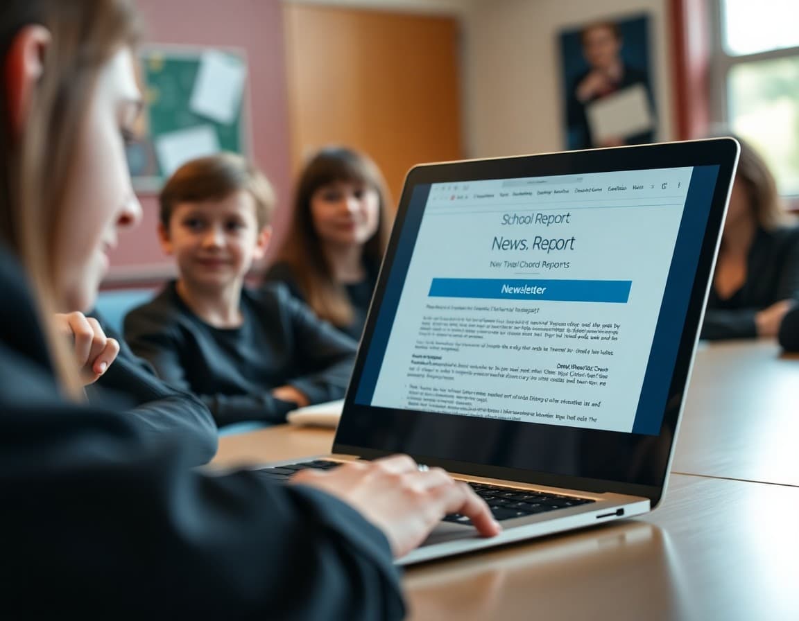 School board report newsletter displayed on a laptop at a board meeting setting