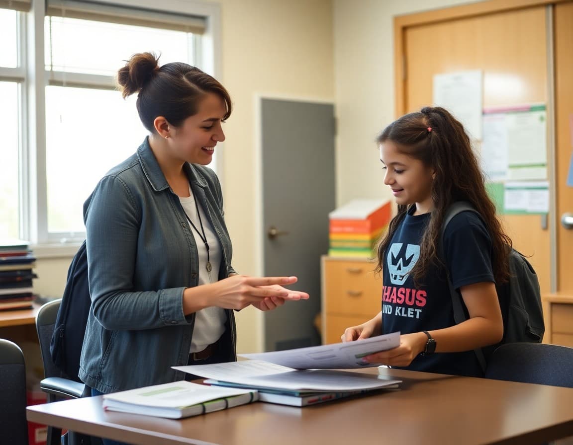 Counselor walking student through transition support materials and school schedule in office