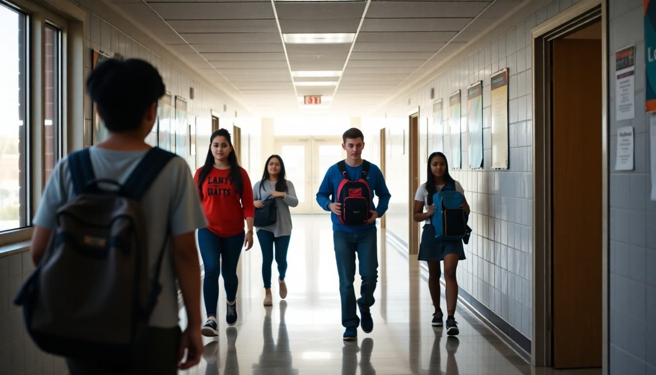 Eighth graders walking through a high school corridor during a transition visit
