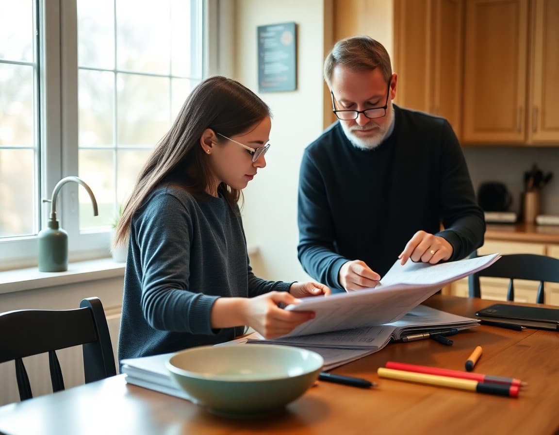 Parent and student reviewing middle school information together at a kitchen table