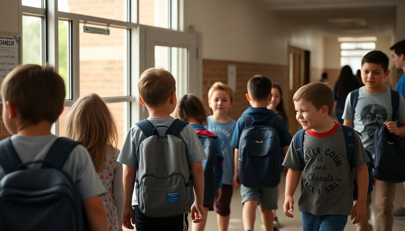 Fifth-grade students walking into a middle school building for an orientation visit