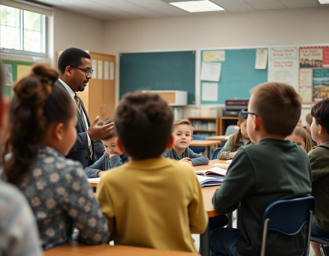 Principal welcoming students to after-school tutoring program in school classroom with homework assistance