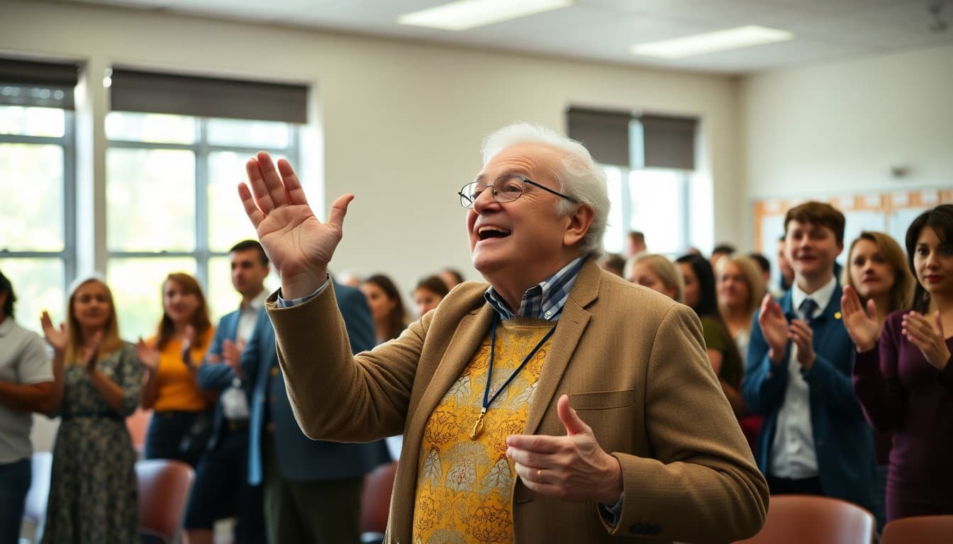 Veteran teacher receiving a standing ovation at a school retirement celebration assembly