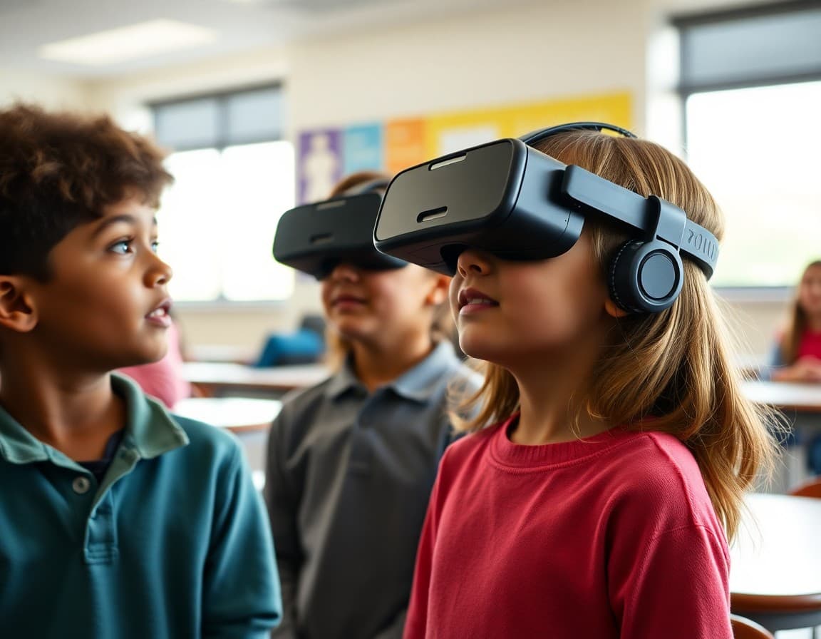 Elementary students wearing VR headsets during virtual museum field trip experience in school classroom