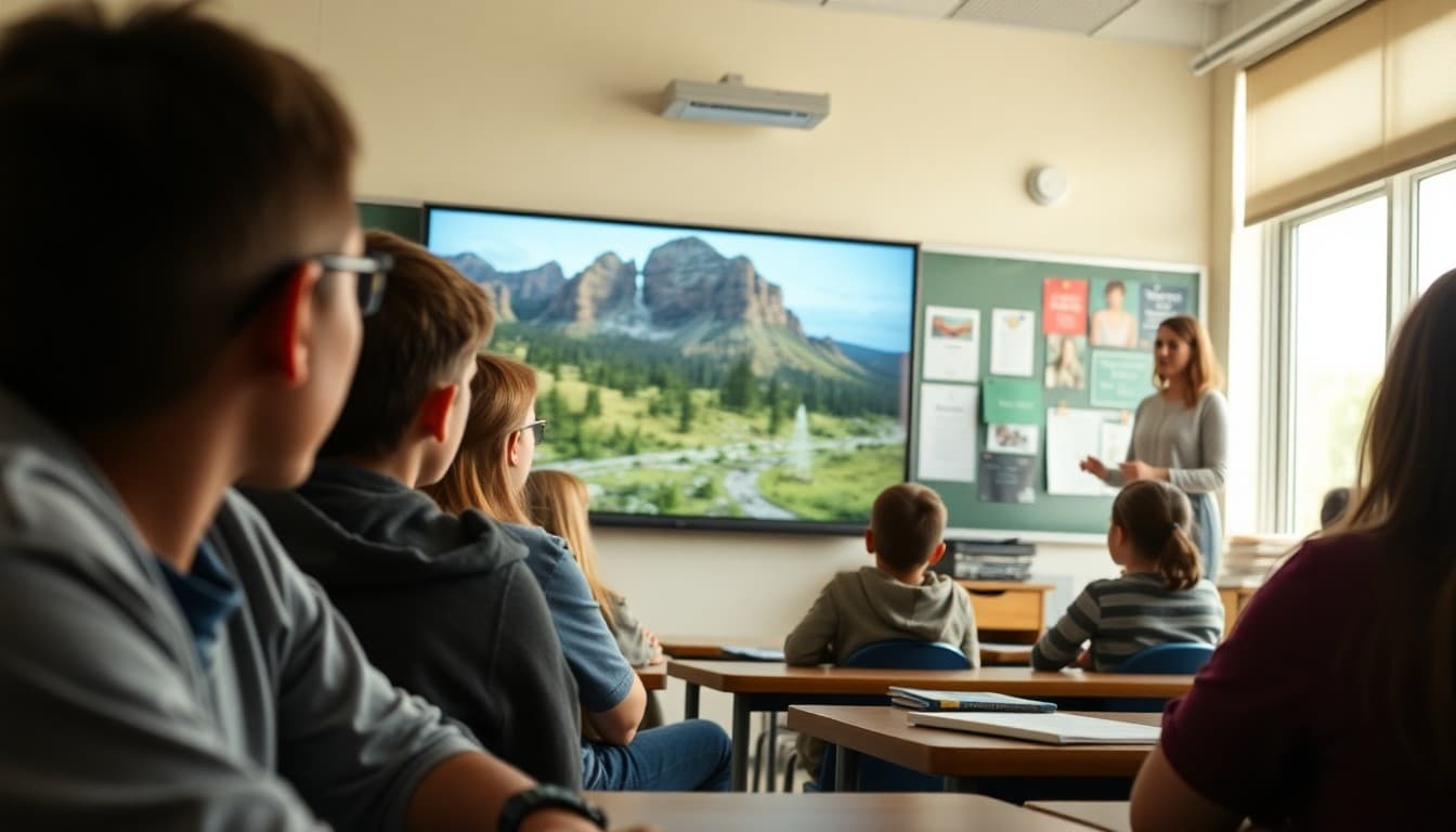 Students watching virtual field trip video of national park on classroom smartboard with teacher guiding