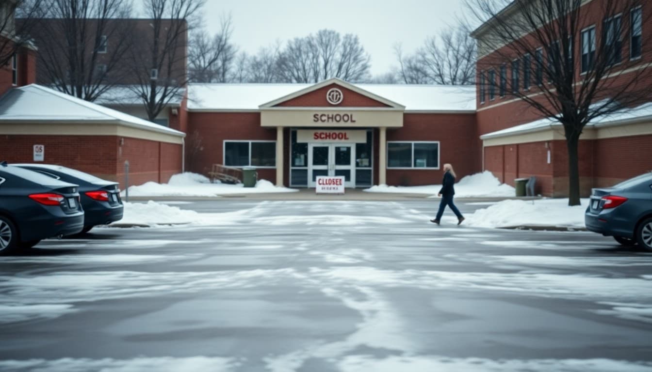 Empty snow-covered school parking lot with a closed school sign visible at the entrance