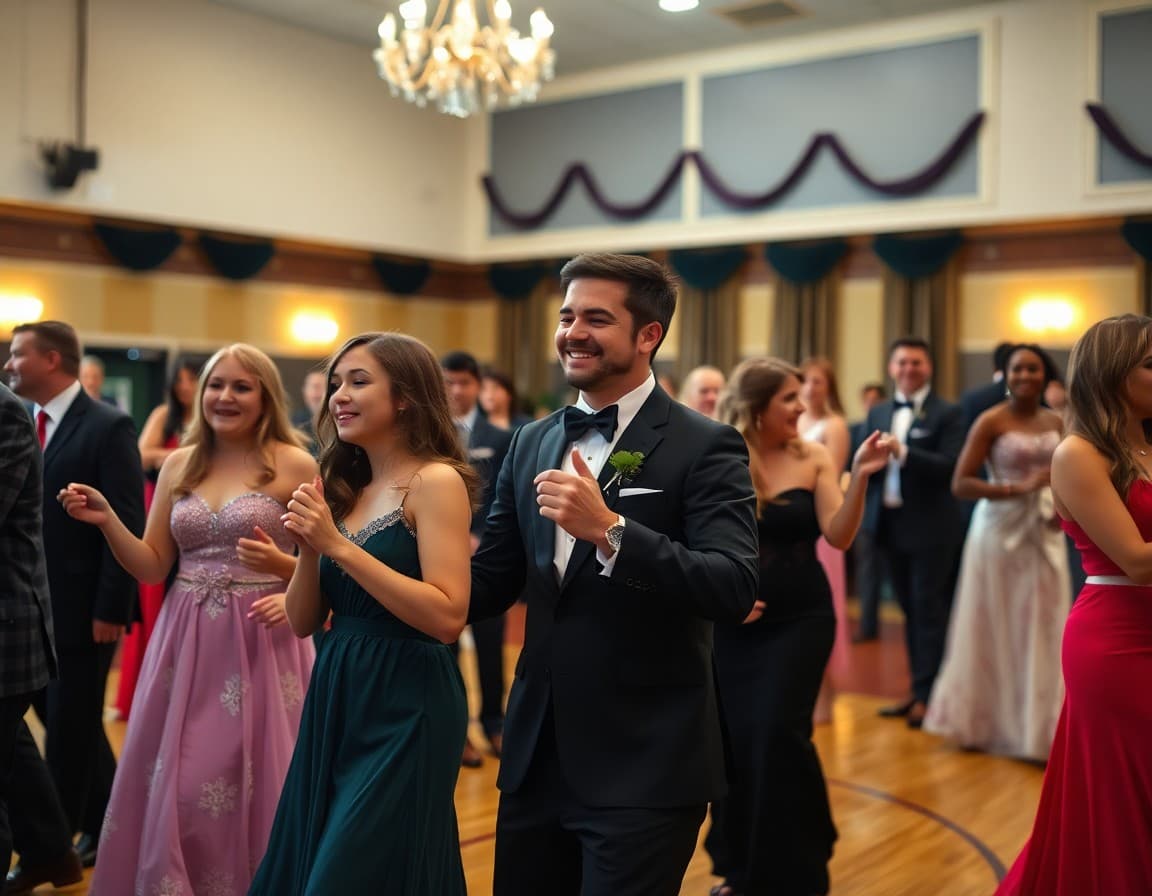 Students in formal attire dancing at high school winter formal event in decorated gymnasium