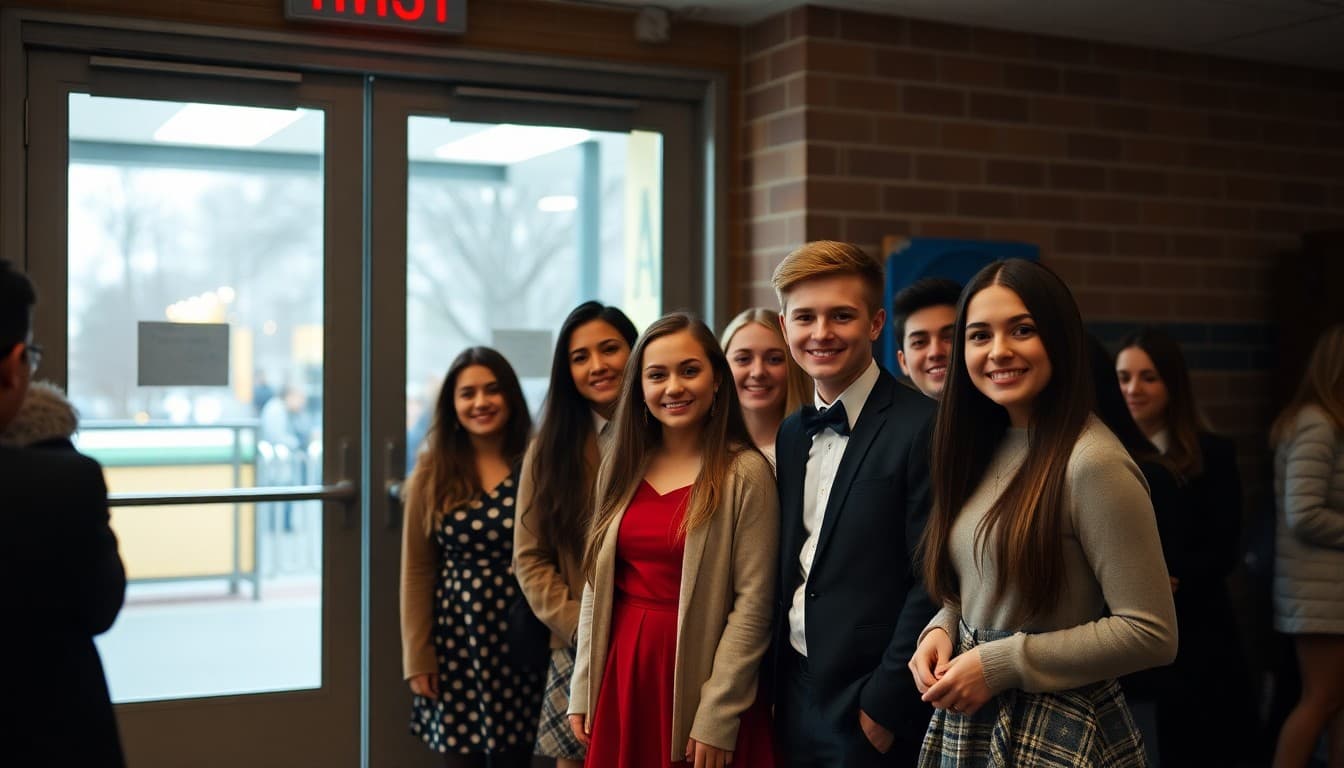High school students dressed formally posing for photos at school winter dance event venue entrance