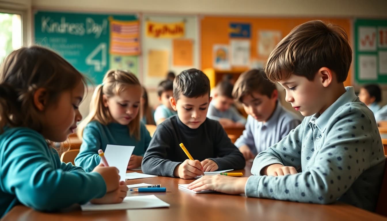 Students participating in World Kindness Day activities writing kindness notes in classroom