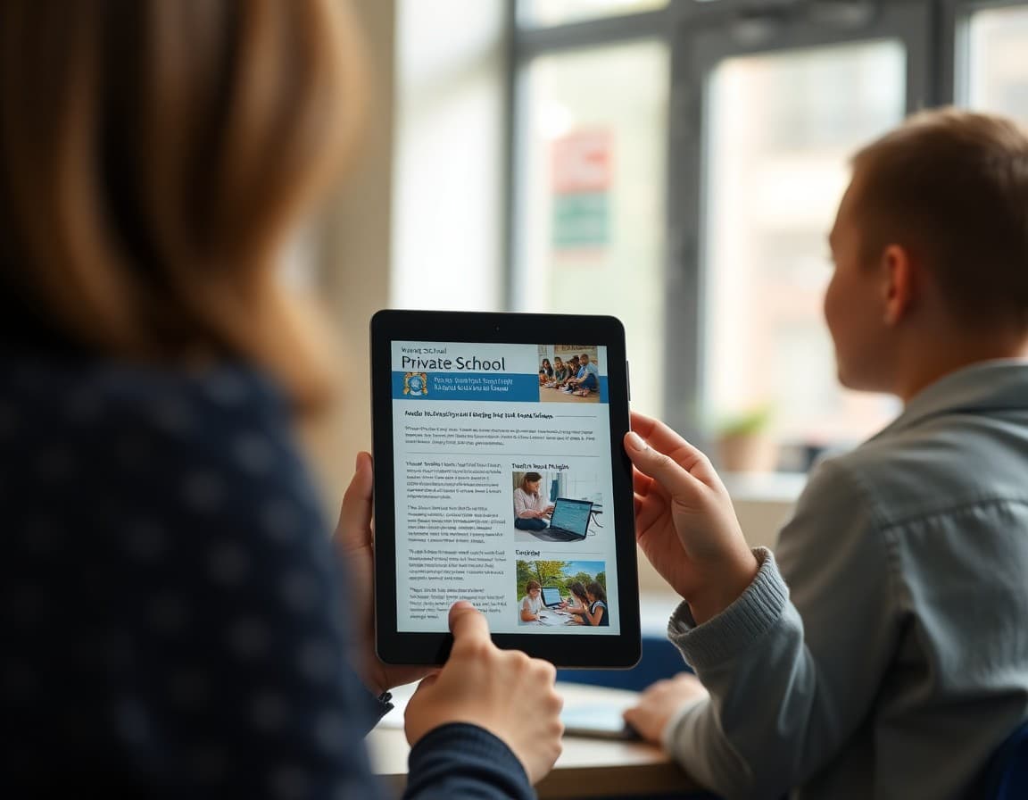 Private school principal newsletter on a tablet with school mission and student highlights