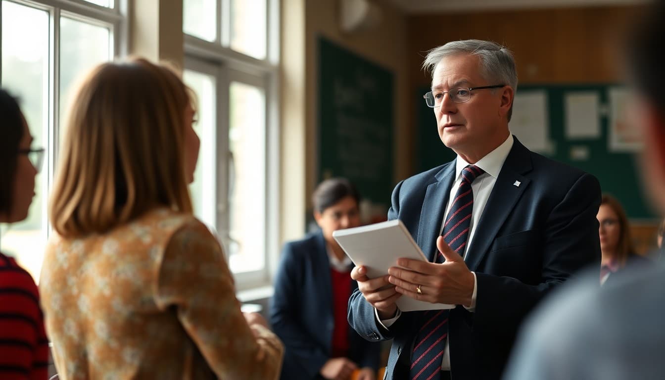 Private school principal at a family engagement event reviewing communications