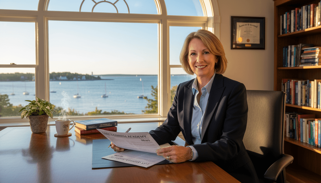 Rhode Island school principal reviewing newsletter at desk with Narragansett Bay visible through window