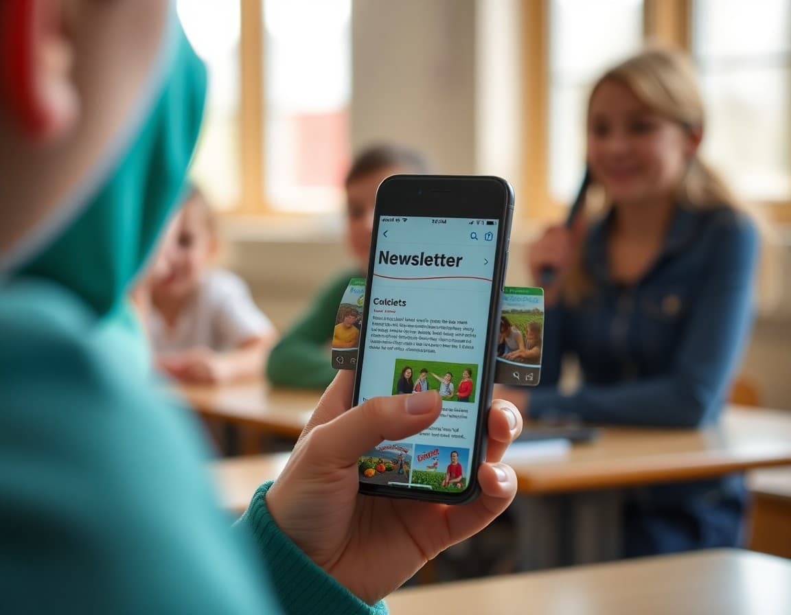 Rural school newsletter on a phone showing community events and farm-to-school activities
