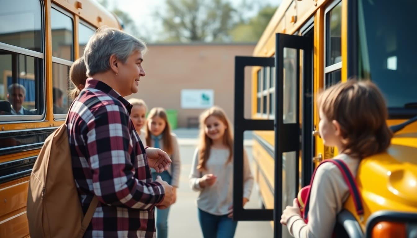 Rural school principal greeting families arriving by school bus in a small town