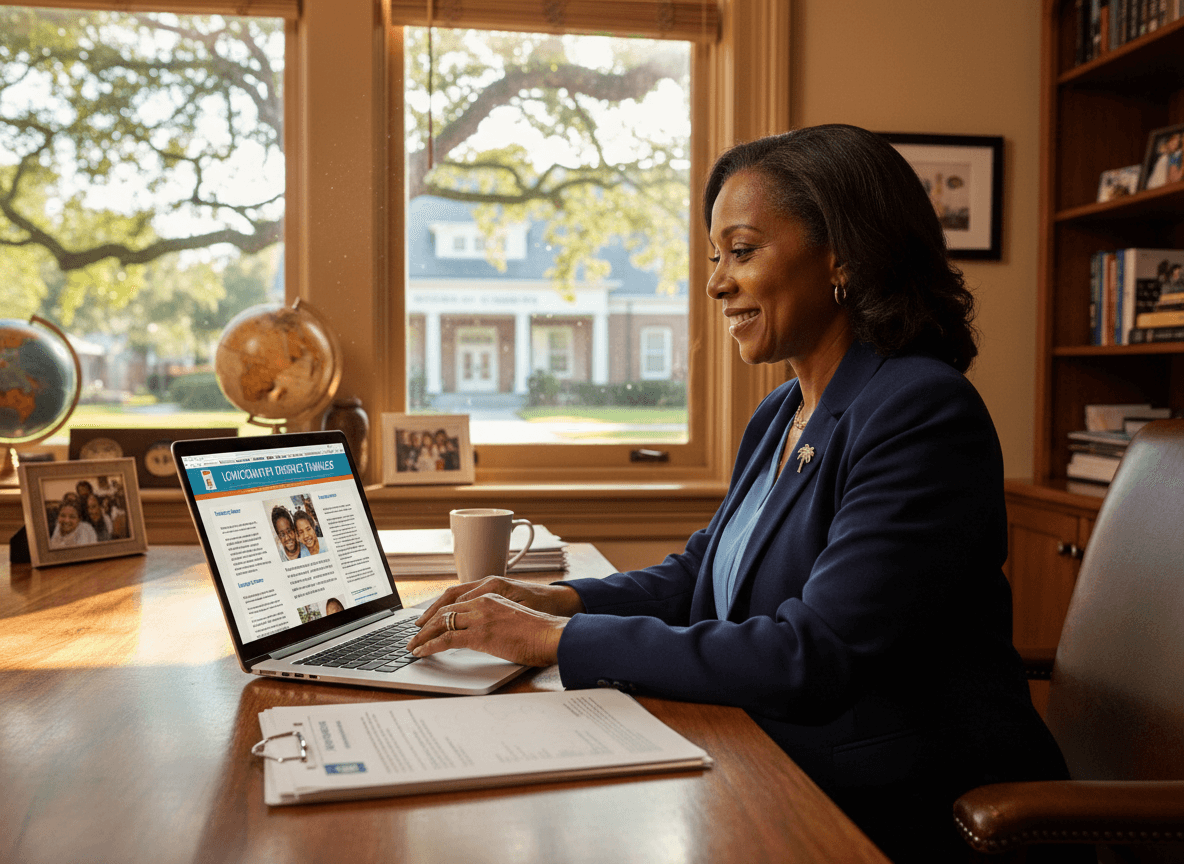 South Carolina principal composing school newsletter on laptop for Lowcountry district families
