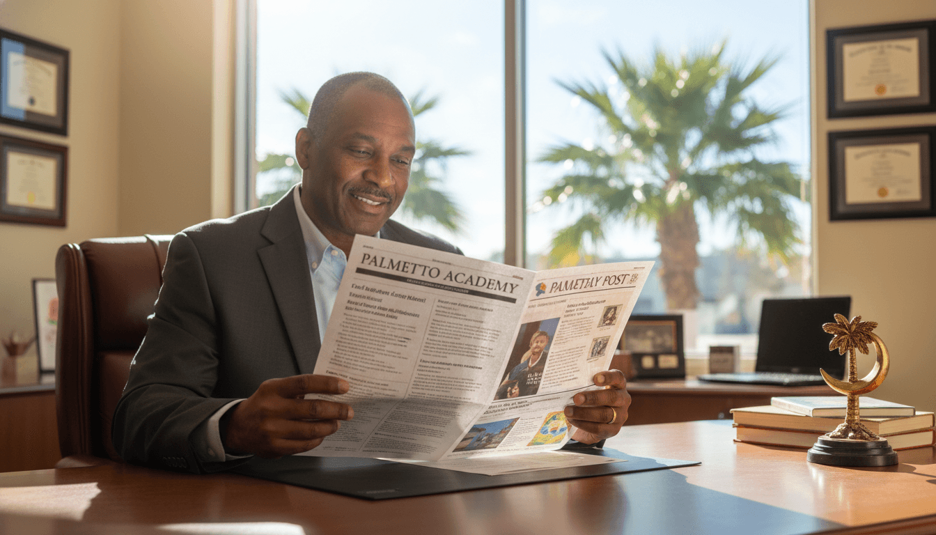 South Carolina school principal reviewing newsletter at desk with palmetto trees visible outside