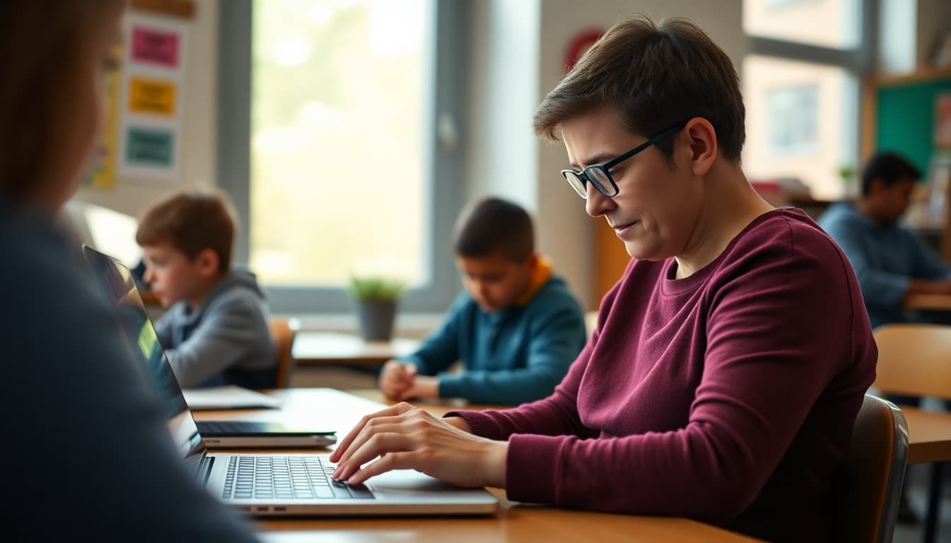 Parent using a screen reader on a laptop to access a school newsletter