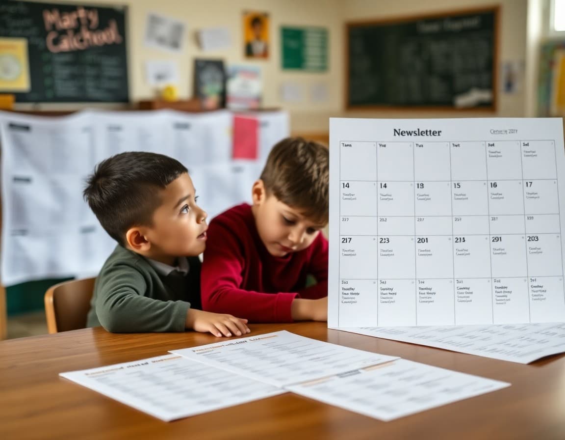 School year content calendar spread across a table with newsletter dates marked