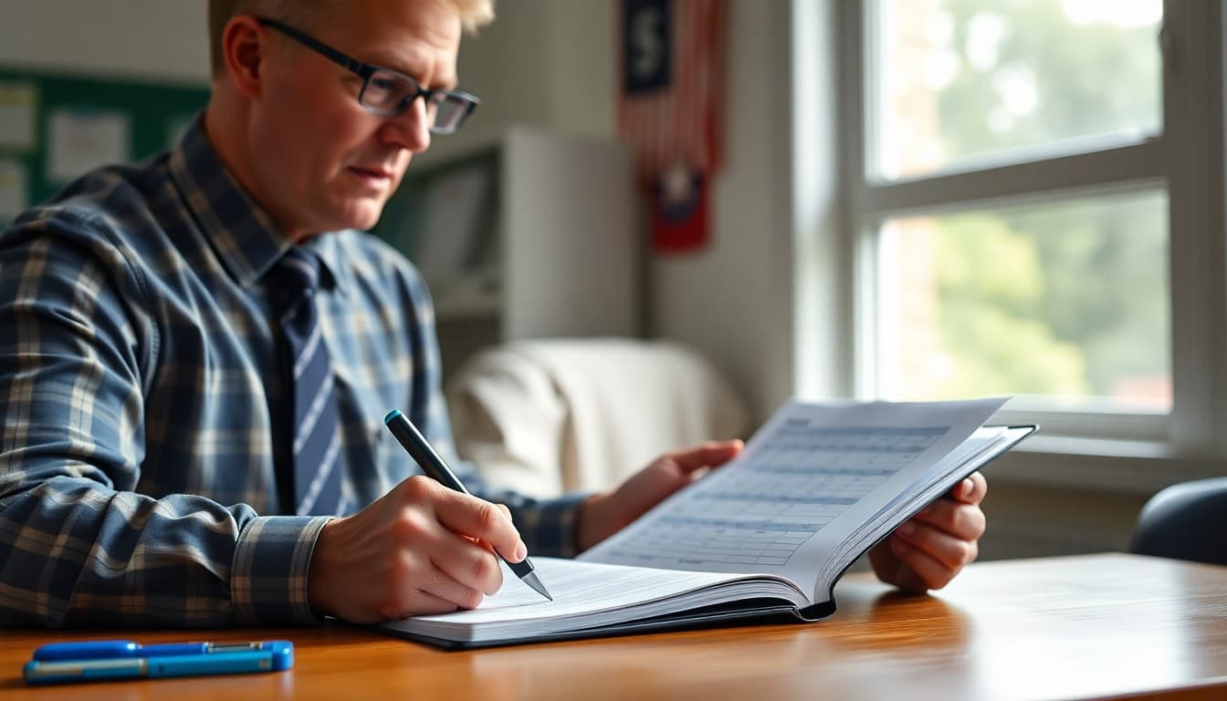 Principal writing the school newsletter content calendar in a planner in August
