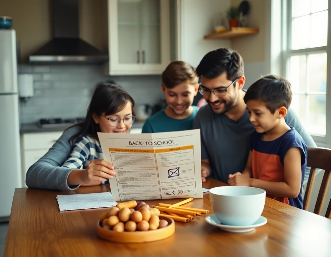 Family reviewing a back-to-school newsletter together at a kitchen table