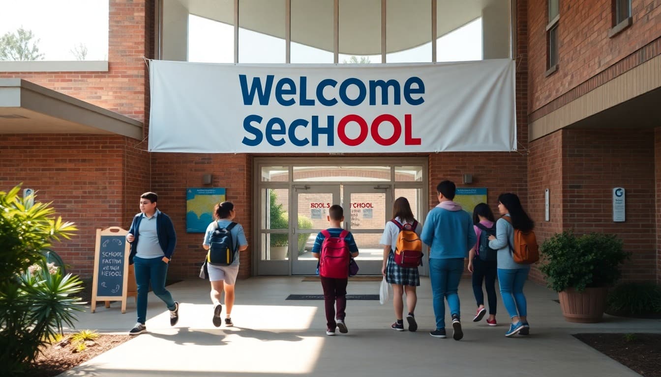 School entrance with a large welcome back banner and students arriving for the first day