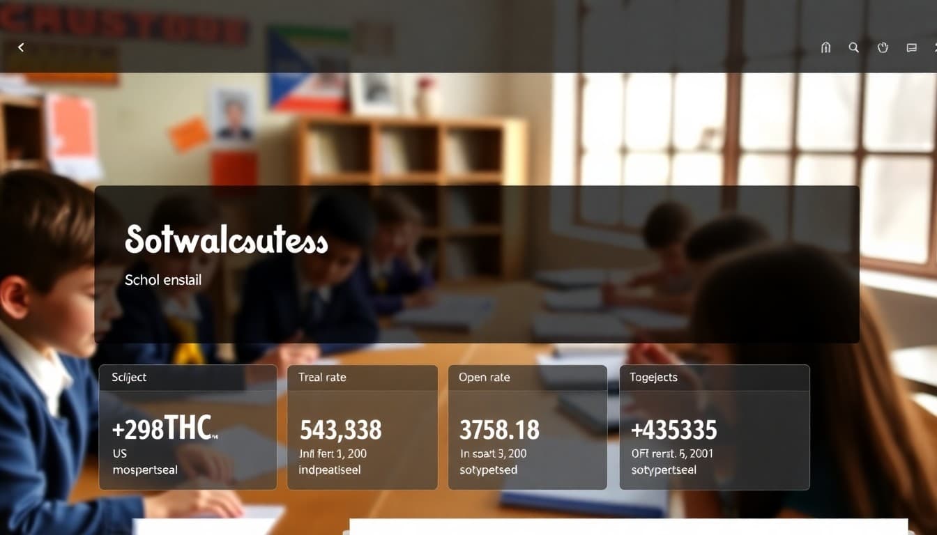 Email dashboard showing a school newsletter campaign with open rate and click statistics