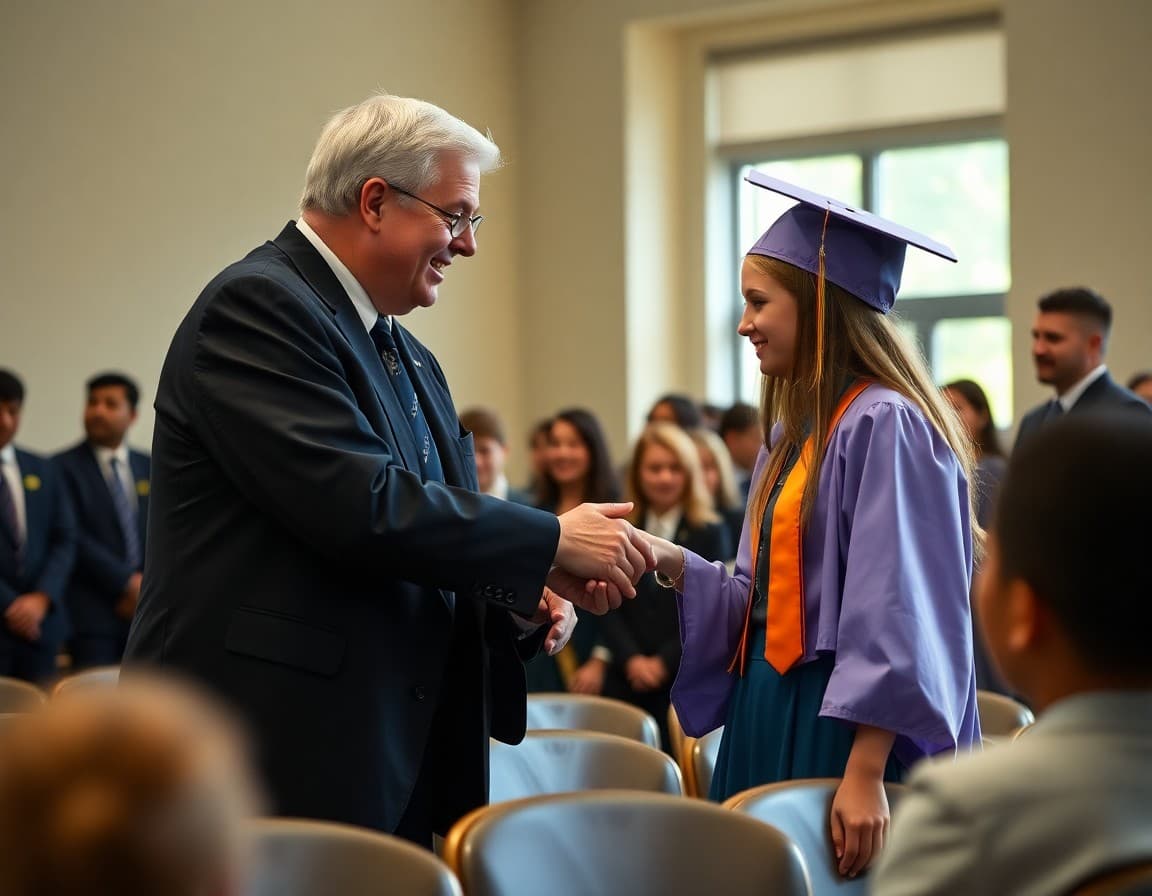 Principal shaking hands with a graduating student at a school ceremony