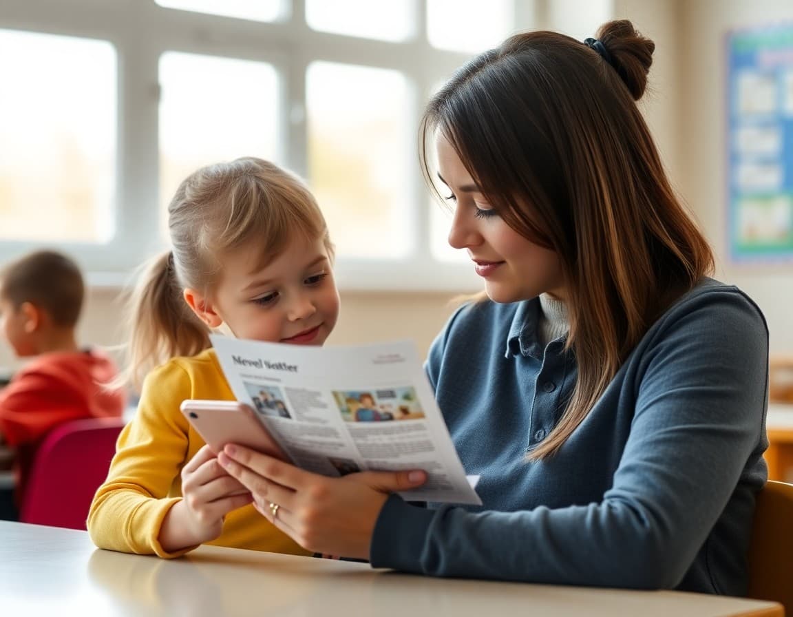 Parent and young child looking at a school newsletter together on a phone