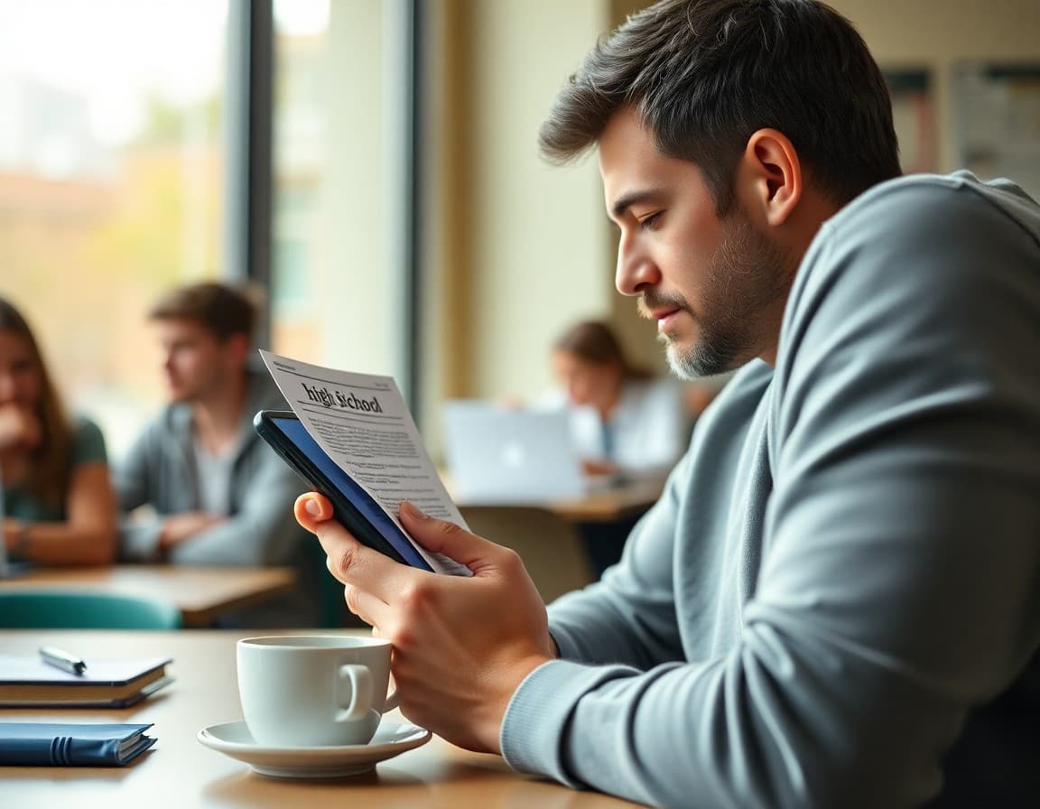 Parent reading a high school newsletter on a phone while having coffee