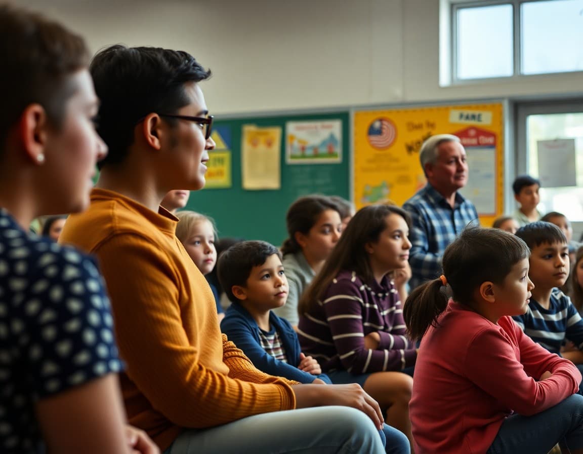 Families at a middle school back-to-school night with the principal speaking at the front