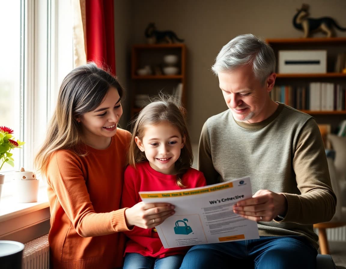 New school family reviewing welcome information packet at home