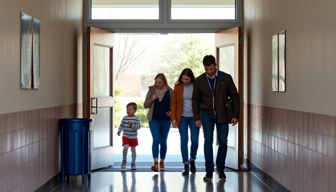 Family walking through the front entrance of a school for the first time with a child