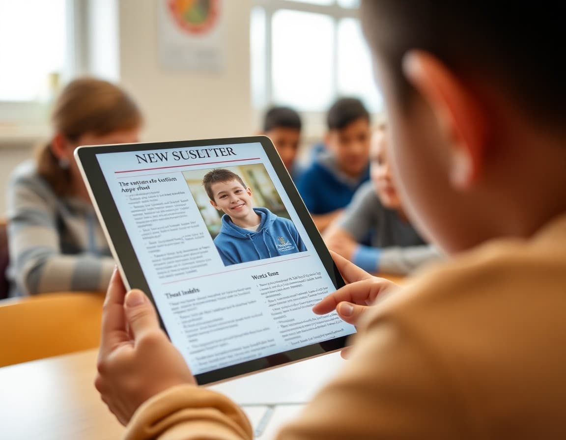 School newsletter displayed on a tablet with a student photo prominently featured