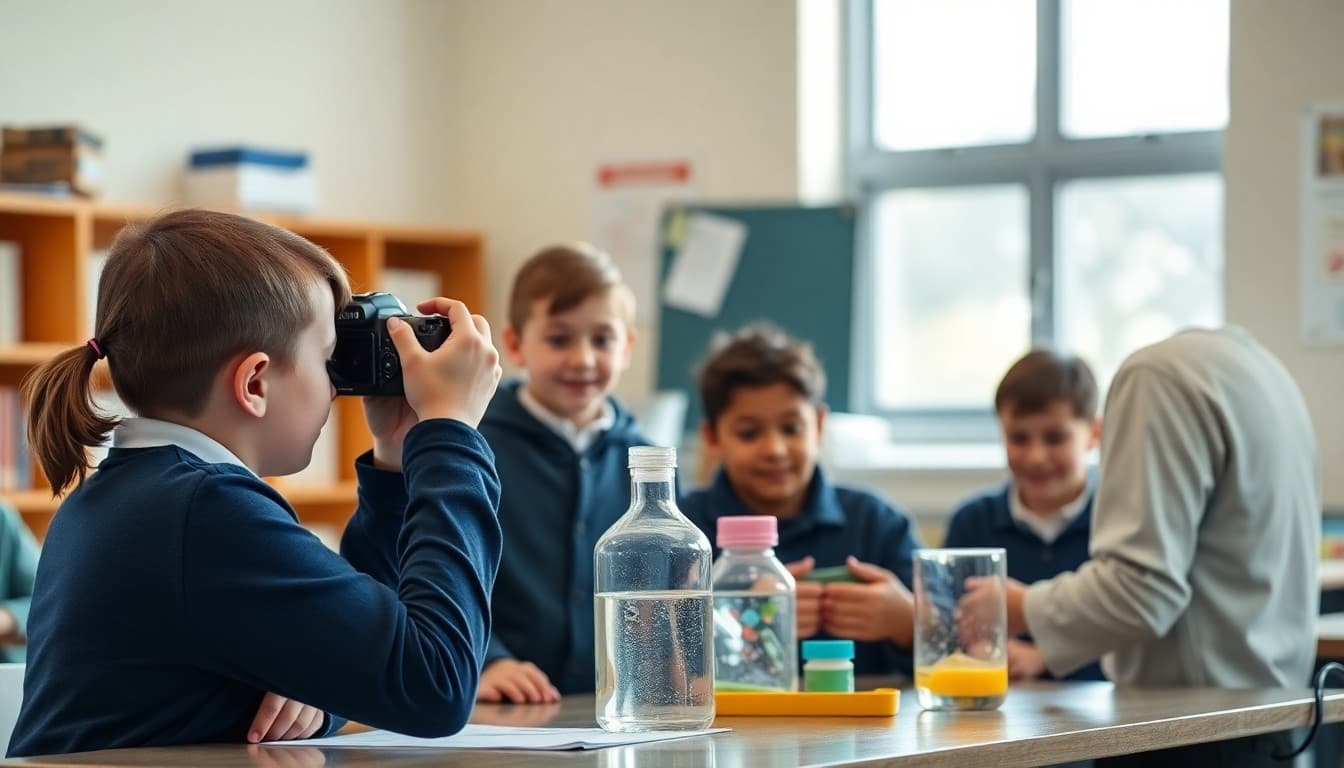 Teacher photographing students doing a science experiment for a school newsletter