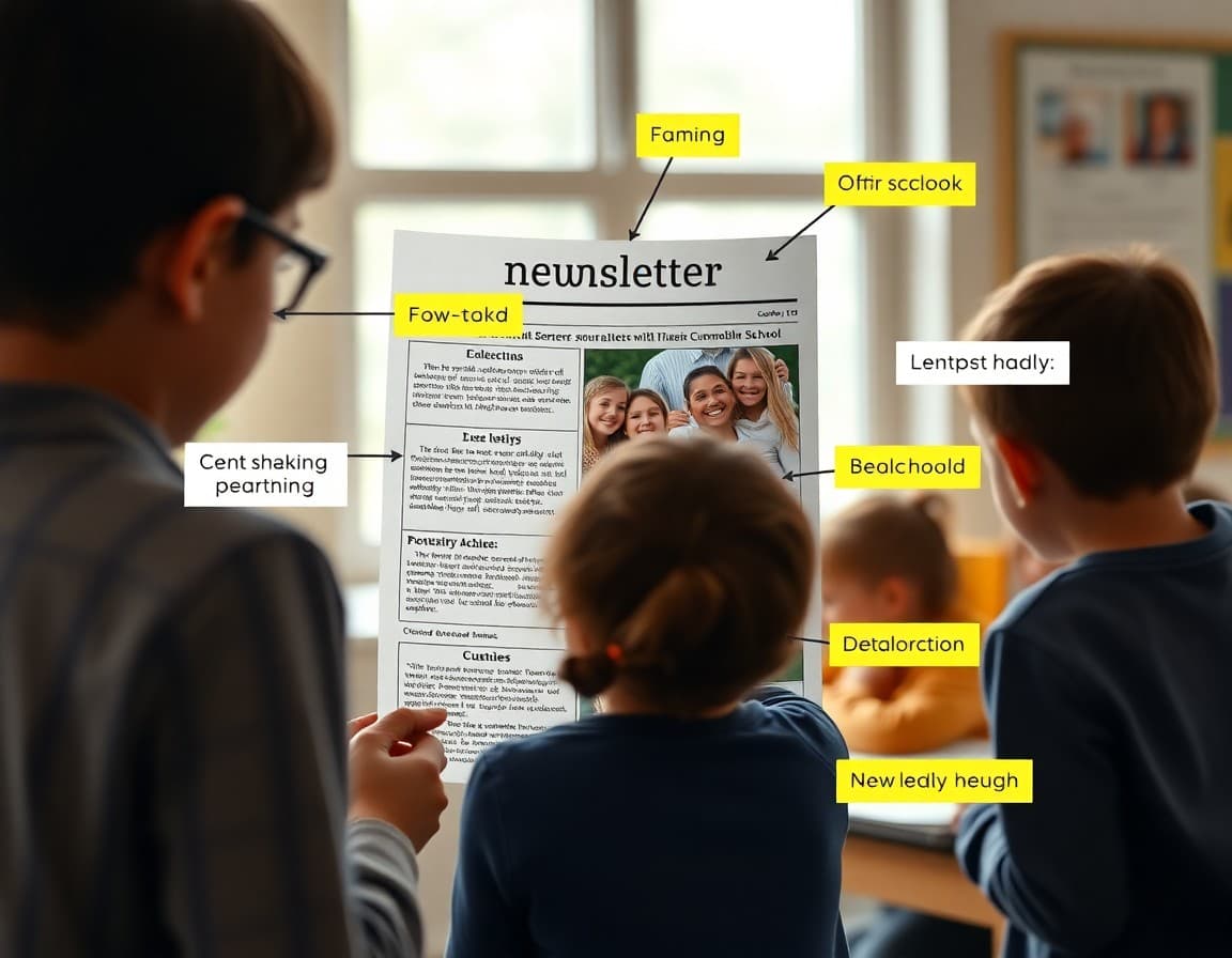 Annotated school newsletter showing sections labeled for family scanning behavior