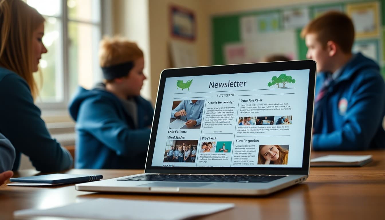School newsletter layout displayed on a laptop screen showing clear sections and headers