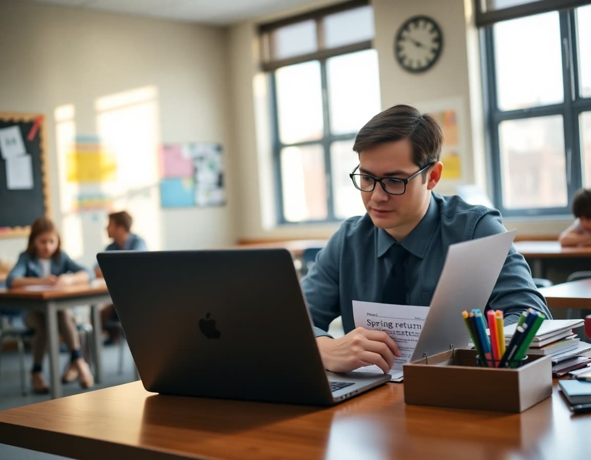 Principal at a desk writing the spring return newsletter on a laptop
