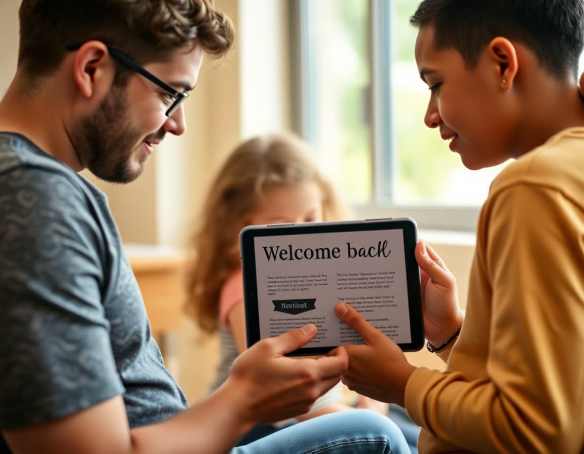 Family reading a welcome back newsletter on a tablet together before school starts